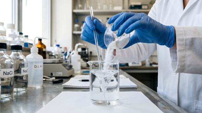 Chemist measuring a powdered material in a laboratory